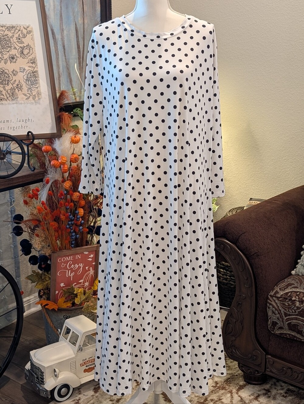 Polka Dot White Maxi Dress with Long Sleeves